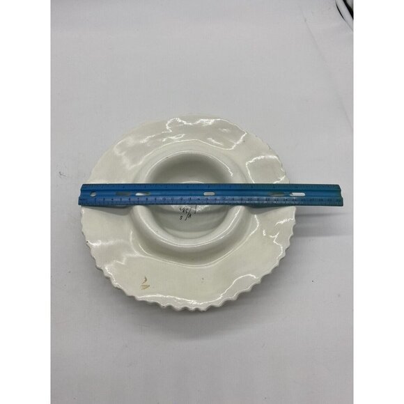 Vtg White Straw Hat Ceramic Green Bow Decor Ring Ashtray Vanity 9.5" Italy 485/8 - Picture 6 of 8